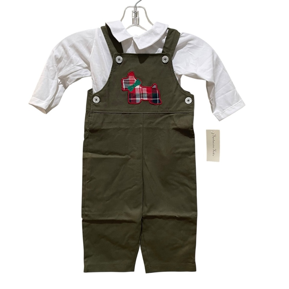 Fantaisie Kids Scottie Dog Overall and T Shirt Set Green Size 2 Toddler New